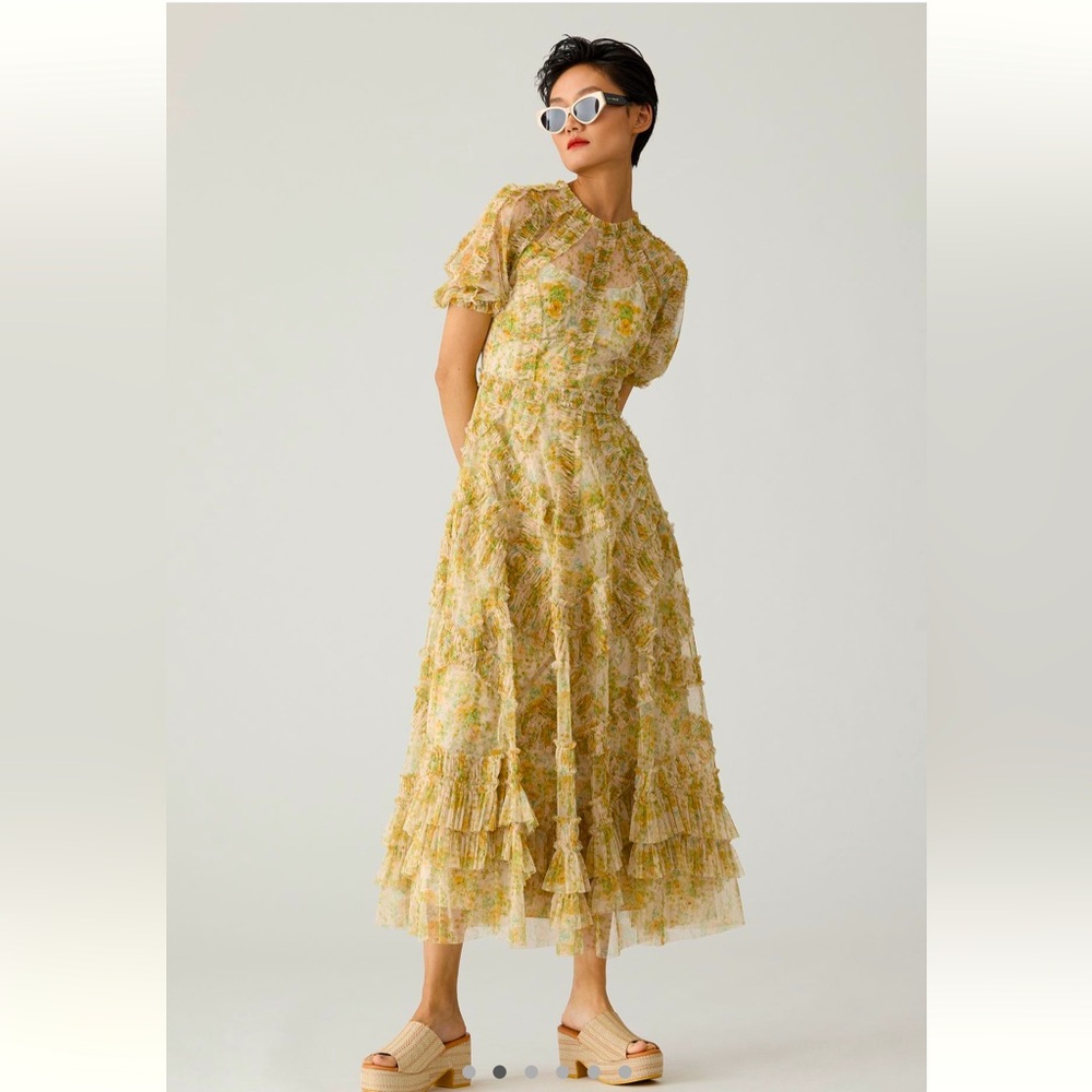 Mac Duggal Rosette pleated ruched gown dress midi Anthropologie Boutique